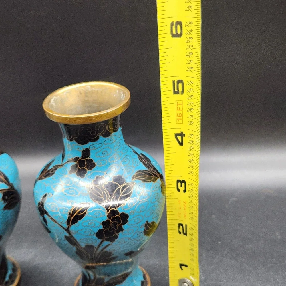Vintage Pair Cloisonne Enamel Vases Turquoise Blue Black Gold Floral Brass 5
